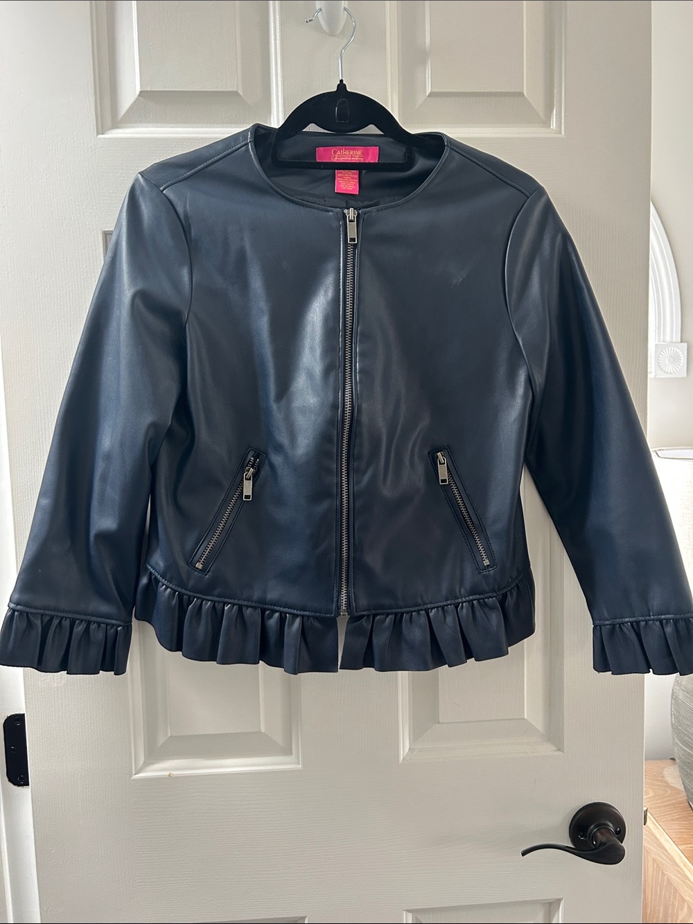 S Faux Leather Ruffle Hem Jacket - Navy